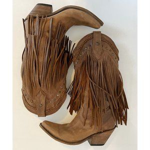 Brown leather fringe cowboy boots women's 6.5